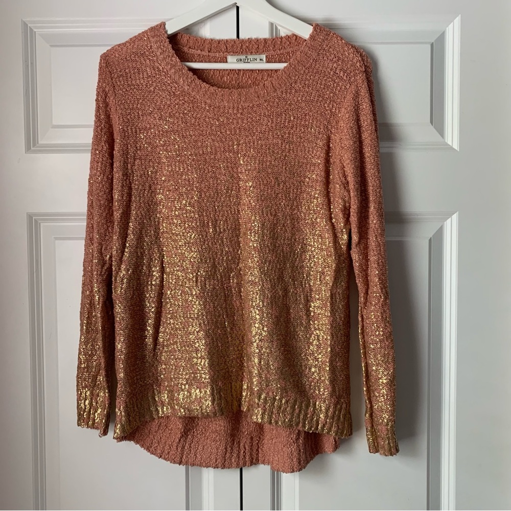 Pink sweater with gold flecks of paint